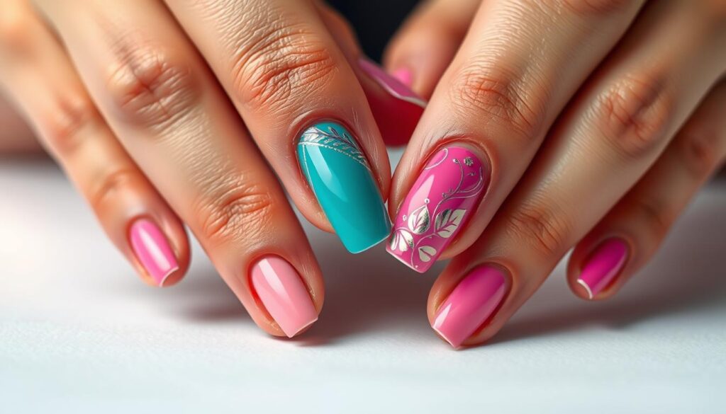 unhas tips com nail art artística